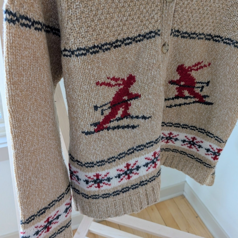 Vintage Eddie Bauer Ski Patterned Button Front Collared Wool Cardigan Sweater - Picture 5 of 7